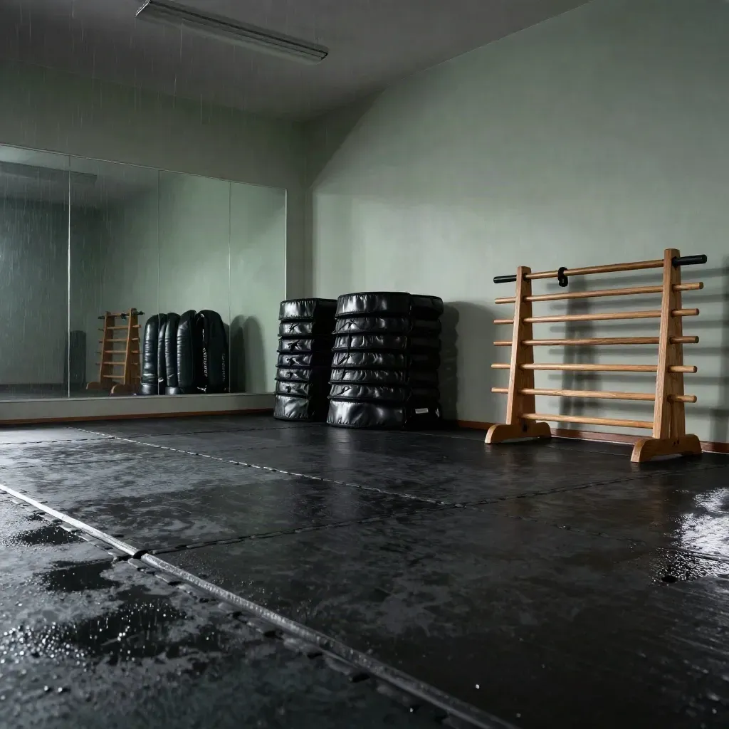 Empty dojo with mats, shields, belt and weapons racks, rain reflections and moody light.