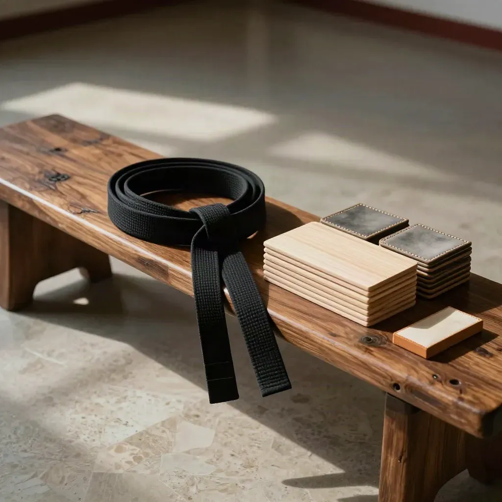 Black belt on bench beside boards and training pads in a moody dojo still life
