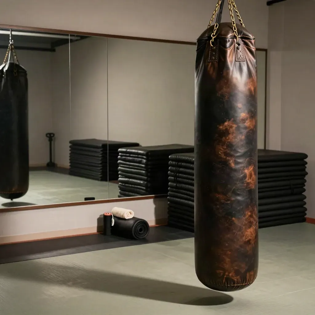 Heavy bag in a dojo striking lane with mirrored wall, folded mats, and a timer in evening light.