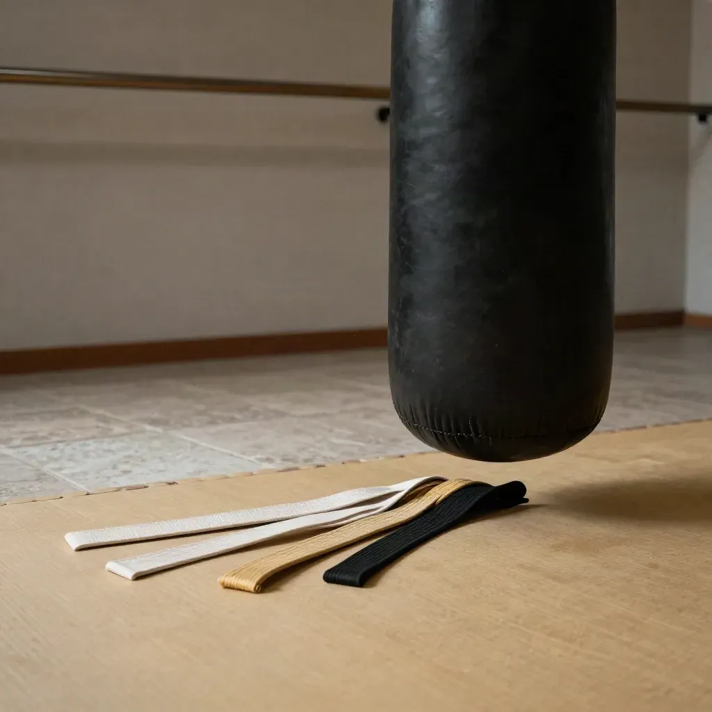 Close crop of a black heavy bag beside a neat belt progression above a tan mat.