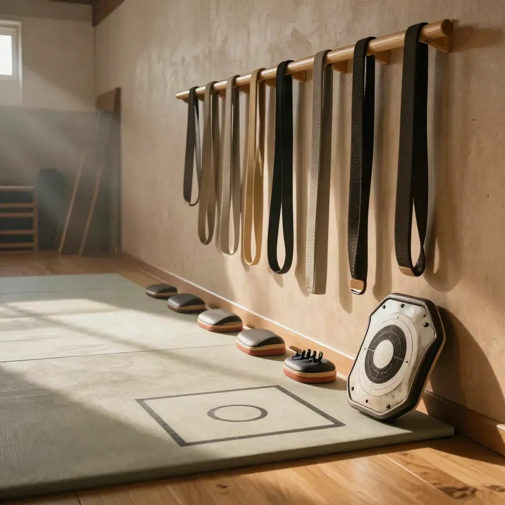 Quiet dojo lane with belts, pads, and a focus square on the mat in warm light.