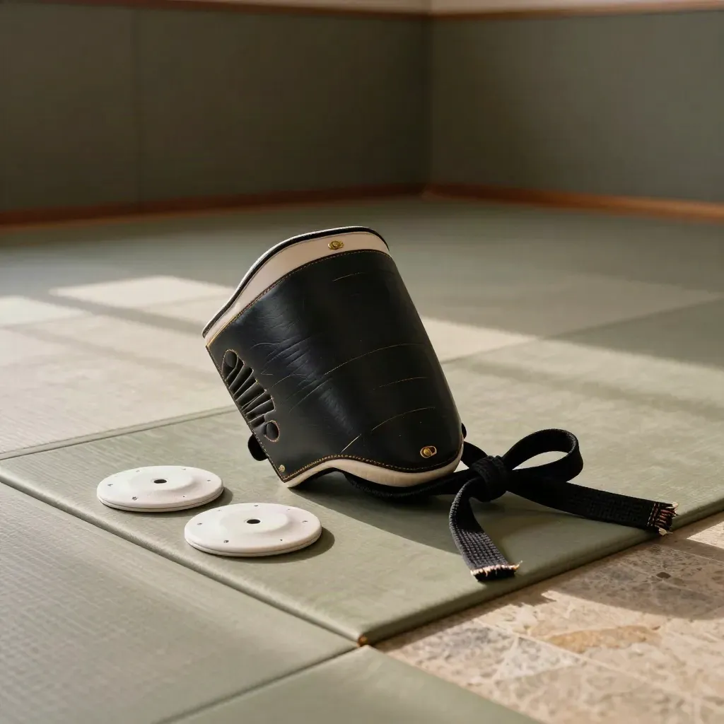 Private coaching mat corner with kick shield, target paddles, and a tied black belt knot.