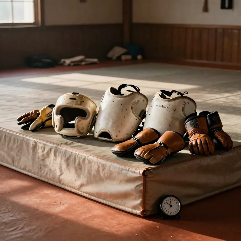 Sparring gear and a round timer in a warm dojo corner, lit by late sun and amber practicals.
