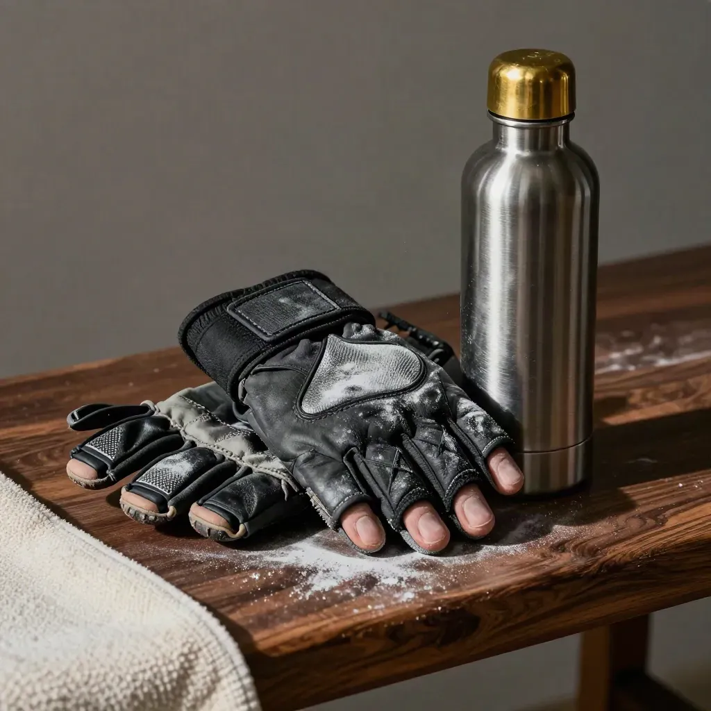 Chalked wraps, taped gloves and a steel bottle on a walnut dojo bench, side-lit with brass warmth.