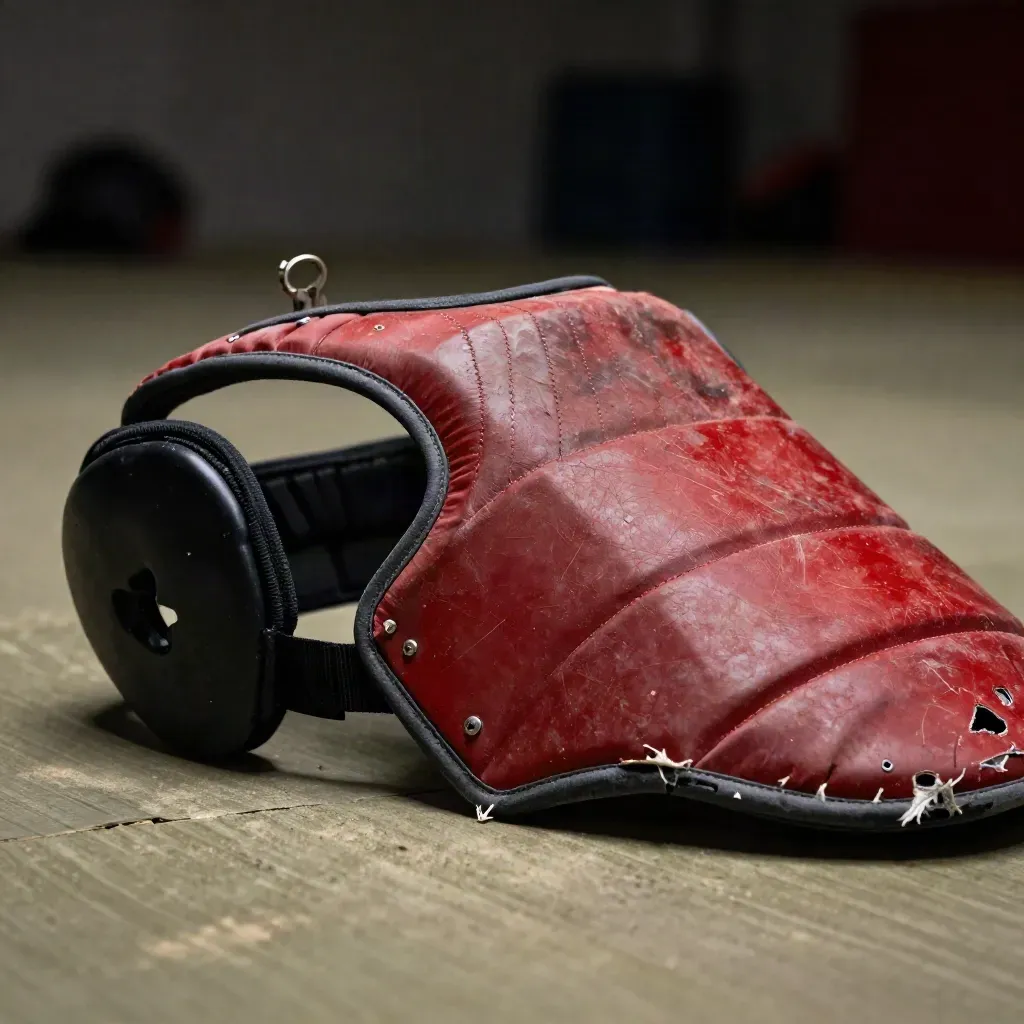 Macro still life of sparring coach gear with chest protector, straps, and worn kick shield edge.