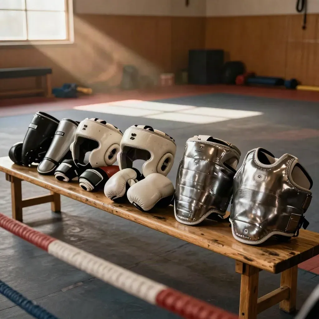 Six sparring gear sets lined on a bench in a hazy martial arts gym at late afternoon.