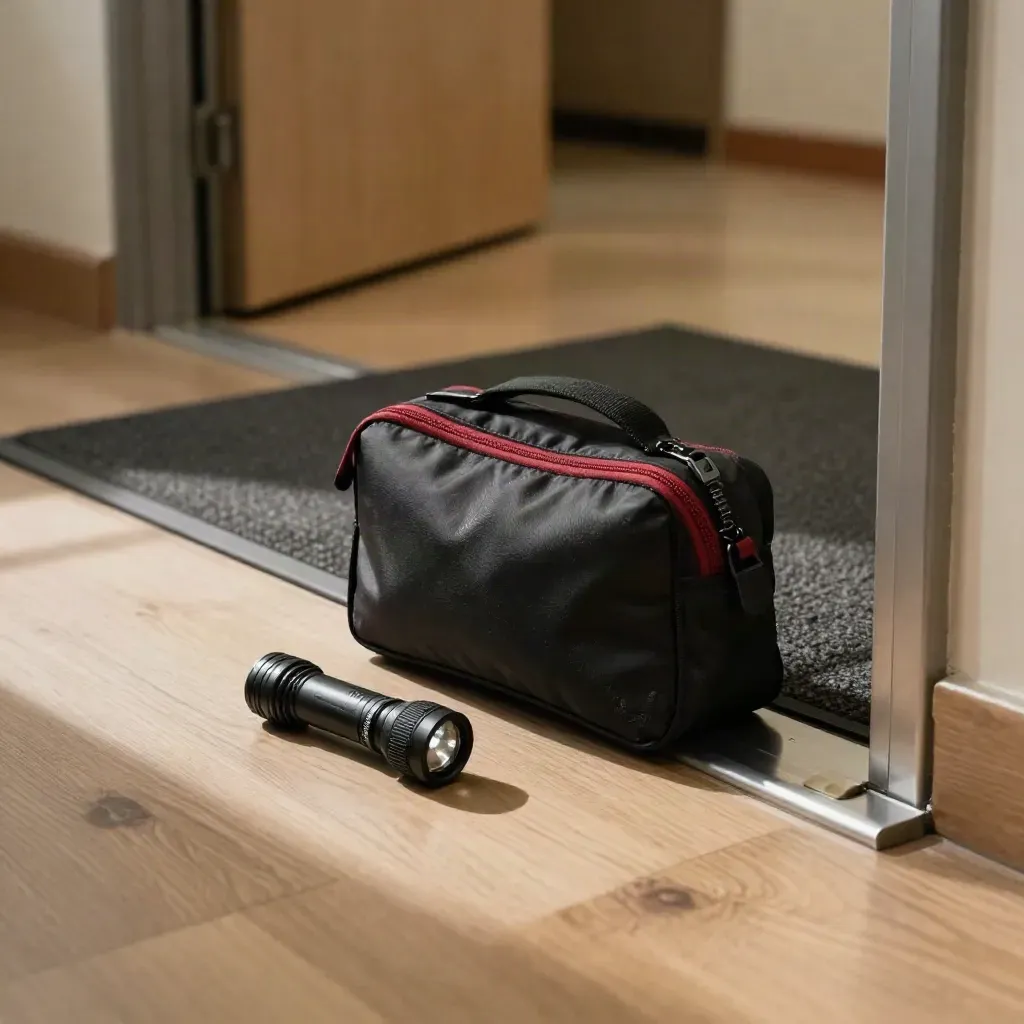 Office self-defense kit with flashlight, pouch, door stop, and hallway mat by a corridor