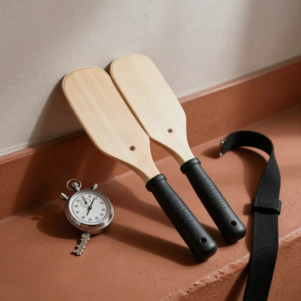 Target paddles, stopwatch, and black belt knot on a terracotta dojo ledge.