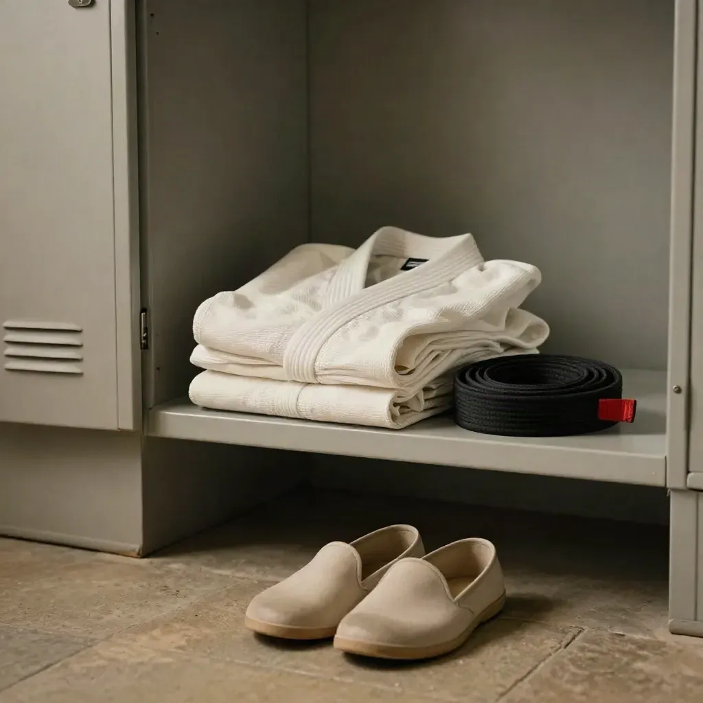 Folded gi, black belt, entry shoes, and locker shelf at a dojo threshold in soft light.