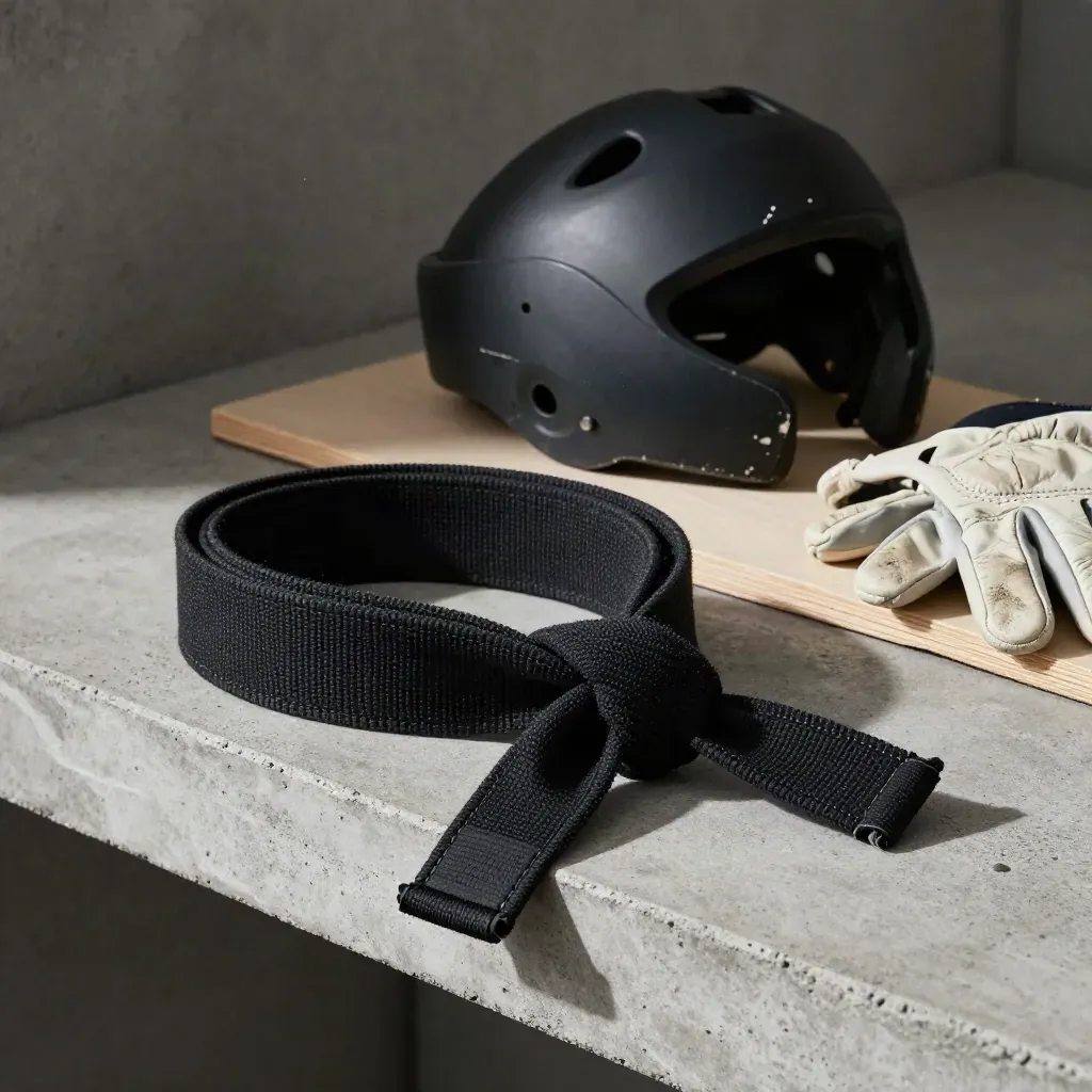 Black belt test kit on stone shelf with board, headguard and gloves in soft side light.