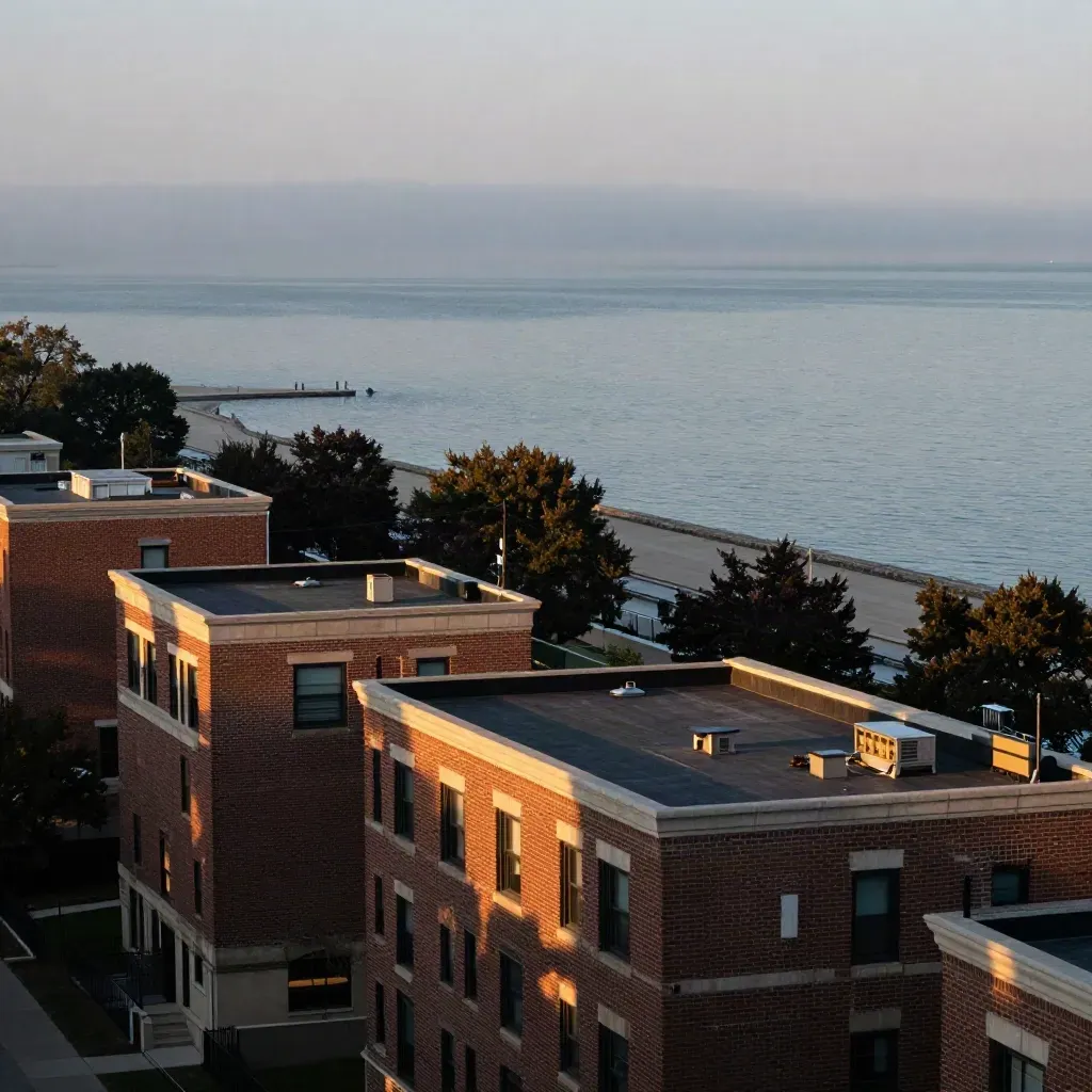 Golden-hour Chicago North Side lakefront with rooftops, misty water, and calm stone foreground.