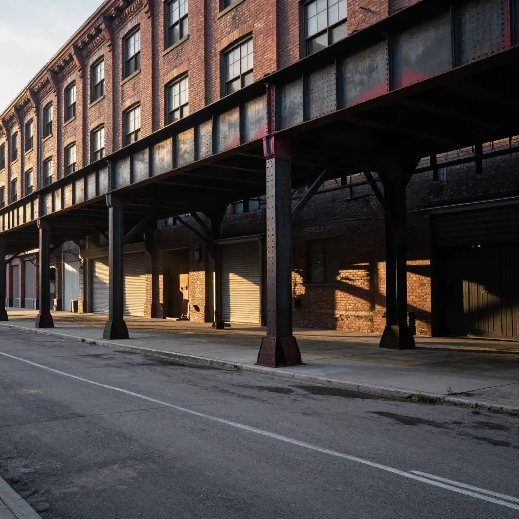 Golden-lit West Side warehouses and elevated tracks above an empty Chicago street