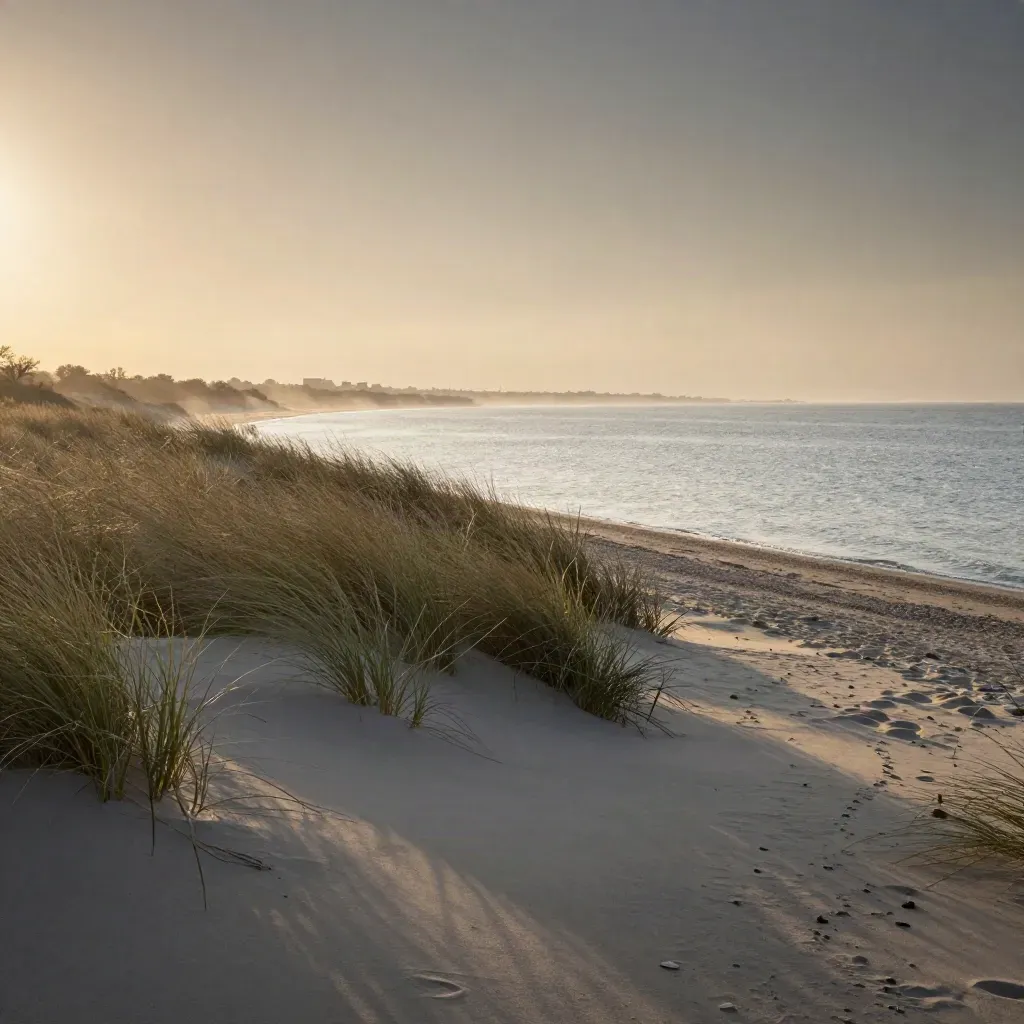 Hazy North Shore Chicago shoreline with dune grass, pale water, and distant rooflines.