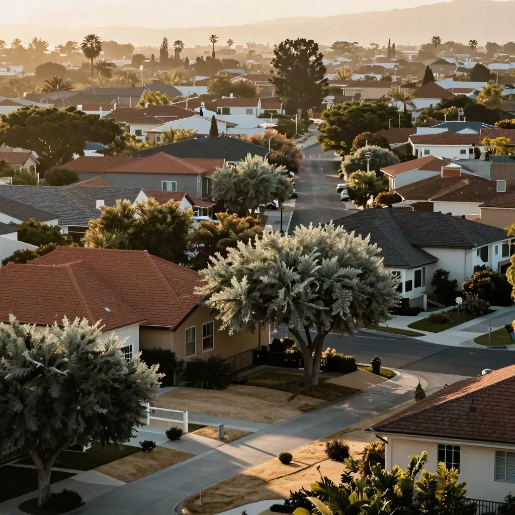 Golden-hour West Suburbs bungalows, leafy streets, and a quiet rail corridor under warm haze.